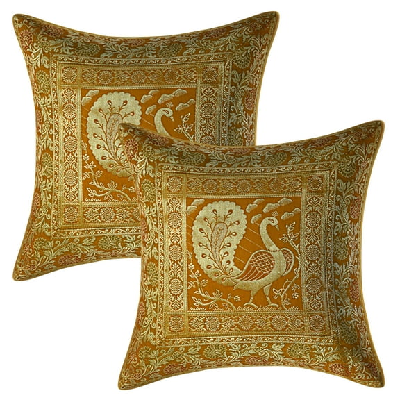 Stylo Culture Indian Decorative Brocade Mustard Yellow And Gold Throw Pillow Covers 16x16 Jacquard Weave Sofa Modern Throw Pillow Covers Dancing Peacock Floral 40x40 cm Cushion Covers (Set Of 2)