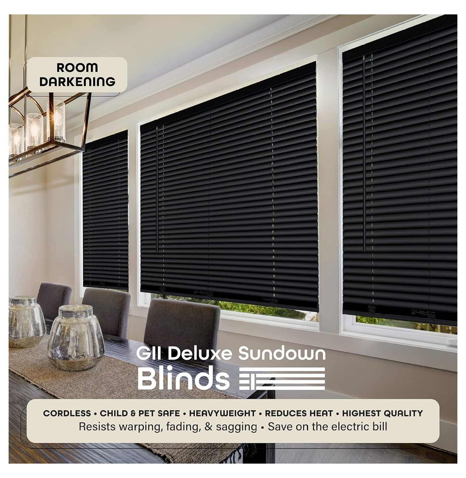 Cordless Room Darkening Mini Blind - 46 Inch Width, 64 Inch Length, 1" Slat Size - Black - Cordless GII Deluxe Sundown Horizontal Windows Blinds for Interior by Achim Home Decor