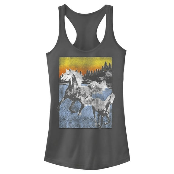 Junior's Lost Gods Distressed Horse Landscape  Racerback Tank Top Charcoal 2X Large