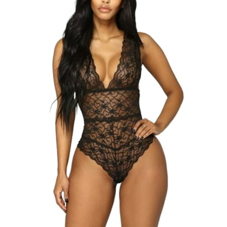 

Women Sexy Lingerie Babydoll V Neck Bodysuits Sleeveless Sleepwear Underwear Lace Black Bodysuit