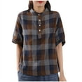 thumbnail image 3 of Dazajoo Plaid Linen Shirt for Women Summer Short Sleeve Color Block Blouse Tops with 4 Buttons Casual Lapel T-Shirts,Coffee,XXL, 3 of 6
