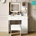 thumbnail image 1 of LED Vanity Desk with Mirror, Adjustable Lighting, 3 Drawers & Open Shelves, Charging Station, and Stool – Compact Makeup Dressing Table for Bedroom, 1 of 8