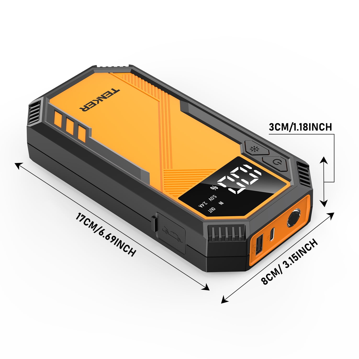 TENKER 6000A Car Battery Jump Starter, Portable Car Jump Starter with USB Quick Charge and DC Output, 12V Jump Pack with Built-in LED Bright Light, LCD Screen, Portable Power Bank Charger, Orange