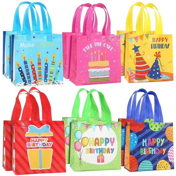 12 Pcs Happy Birthday Gift Bags,Medium Reusable Non-woven Birthday Goodie Bags with Handle,Happy Birthday Party Gift Wrapping Bags for Girls Boys Birthday Baby Shower Supplies