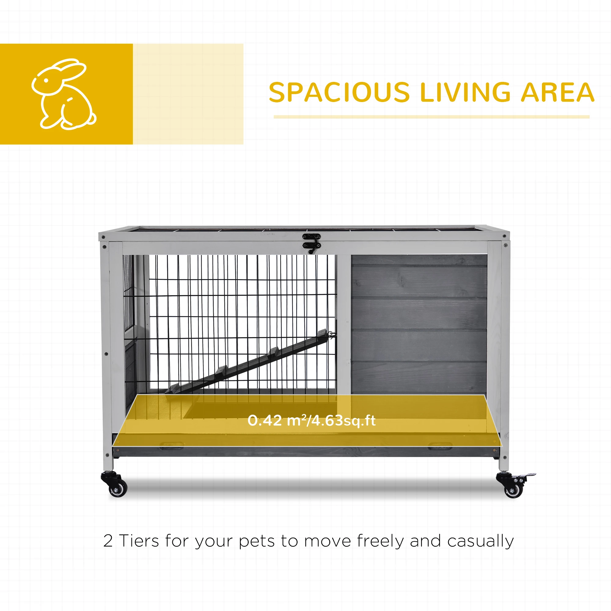 Pefilos 35.5" Wooden Rabbit Hutch for Indoor with Ramp, Removable Tray and Universal Wheel, Small Animals Habitat Bunny Enclosure, Gray