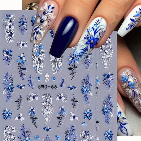 Blue Floral Nail Stickers - 3-Pack Self-Adhesive Nail Art Decals for Spring & Summer Nail Design