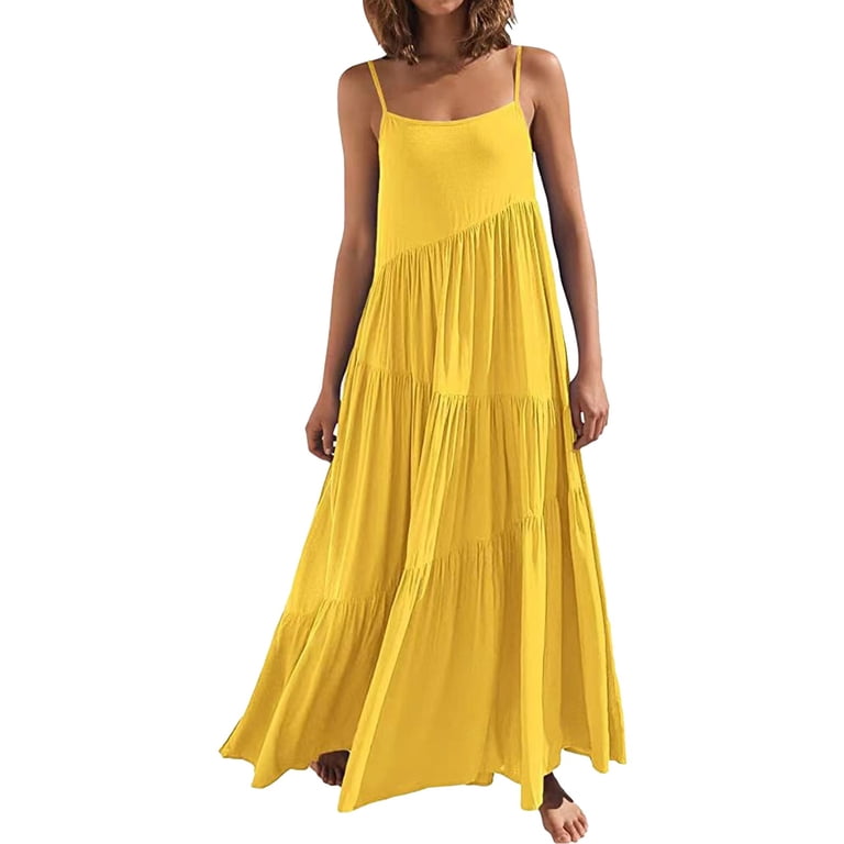 XVJRHAK Casual Dress For Women Personality Design Summer Ladies Loose Solid  Color Pleated Irregular Dress (Yellow,XL)
