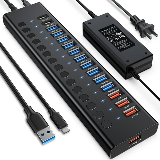 Hub USB 3.0 de 16 Puertos con Alimentación UL para Carga Inteligente y QC 3.0