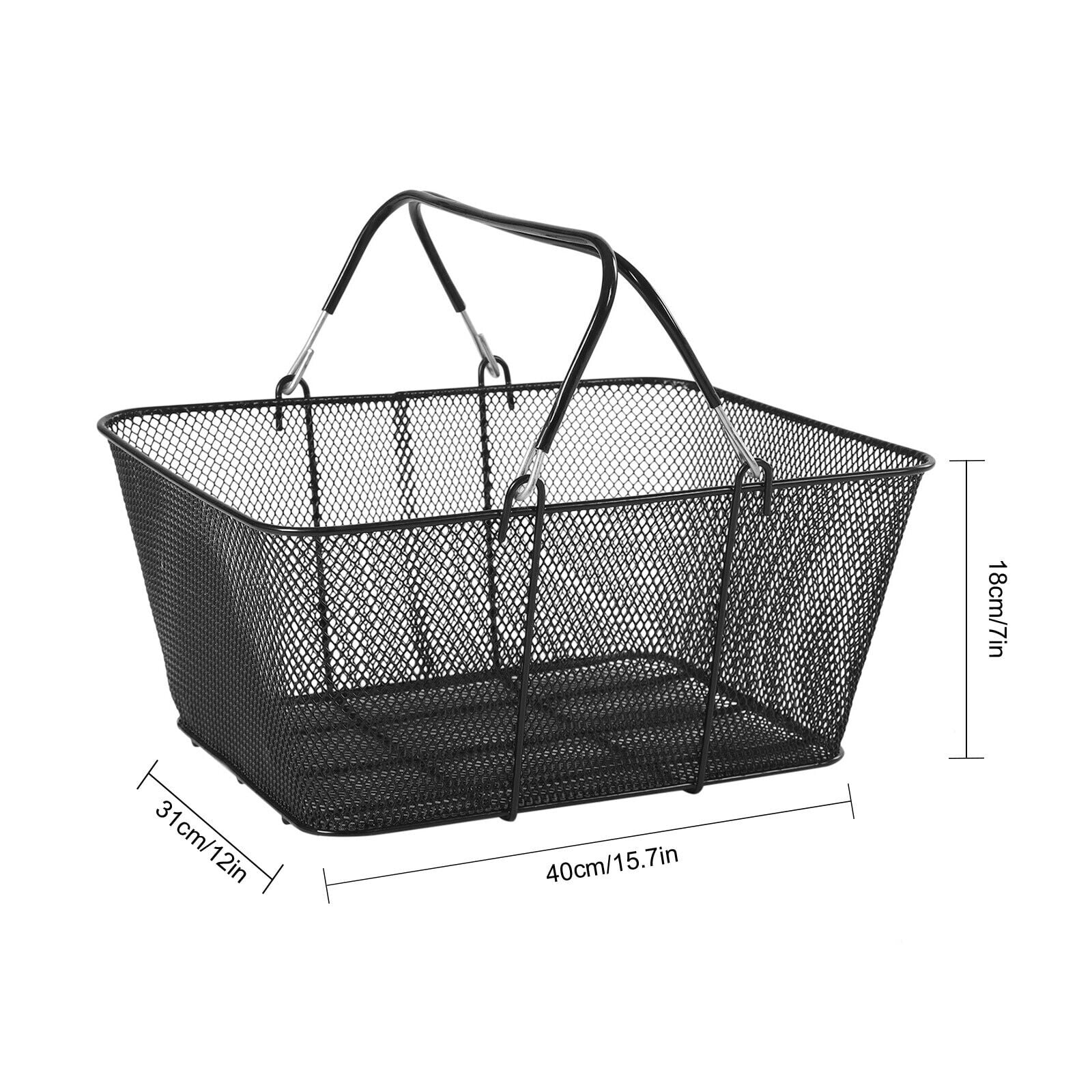 Miumaeov Set of 12 Portable Metal Wire Mesh Shopping Baskets with Handles+1 Basket Stand for Supermarket Retail Store, Black
