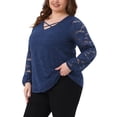 thumbnail image 4 of Blusa casual de mujer de talla grande Agnes Orinda, con doble capa, encaje, mangas largas, escote en V, transparente, 4X azul real, 4 of 6