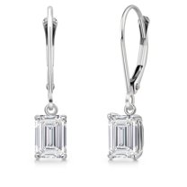 Gem Stone King 14K White Gold Lab Grown Diamond Leverback Dangle Earrings for Women | 1.30 Cttw | Gemstone April Birthstone | DEF Color | VVS-VS Clarity | Emerald Cut 6X4MM
