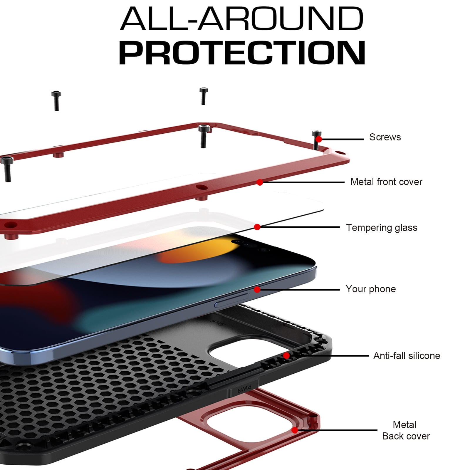 ELEHOLD for iPhone 15 Plus Armor Case, Outdoor Sports 360° Full Body Protective Cover with Tempered Glass Screen Protector Heavy Duty Shockproof Rugged Metal Case for iPhone 15 Plus,  Red