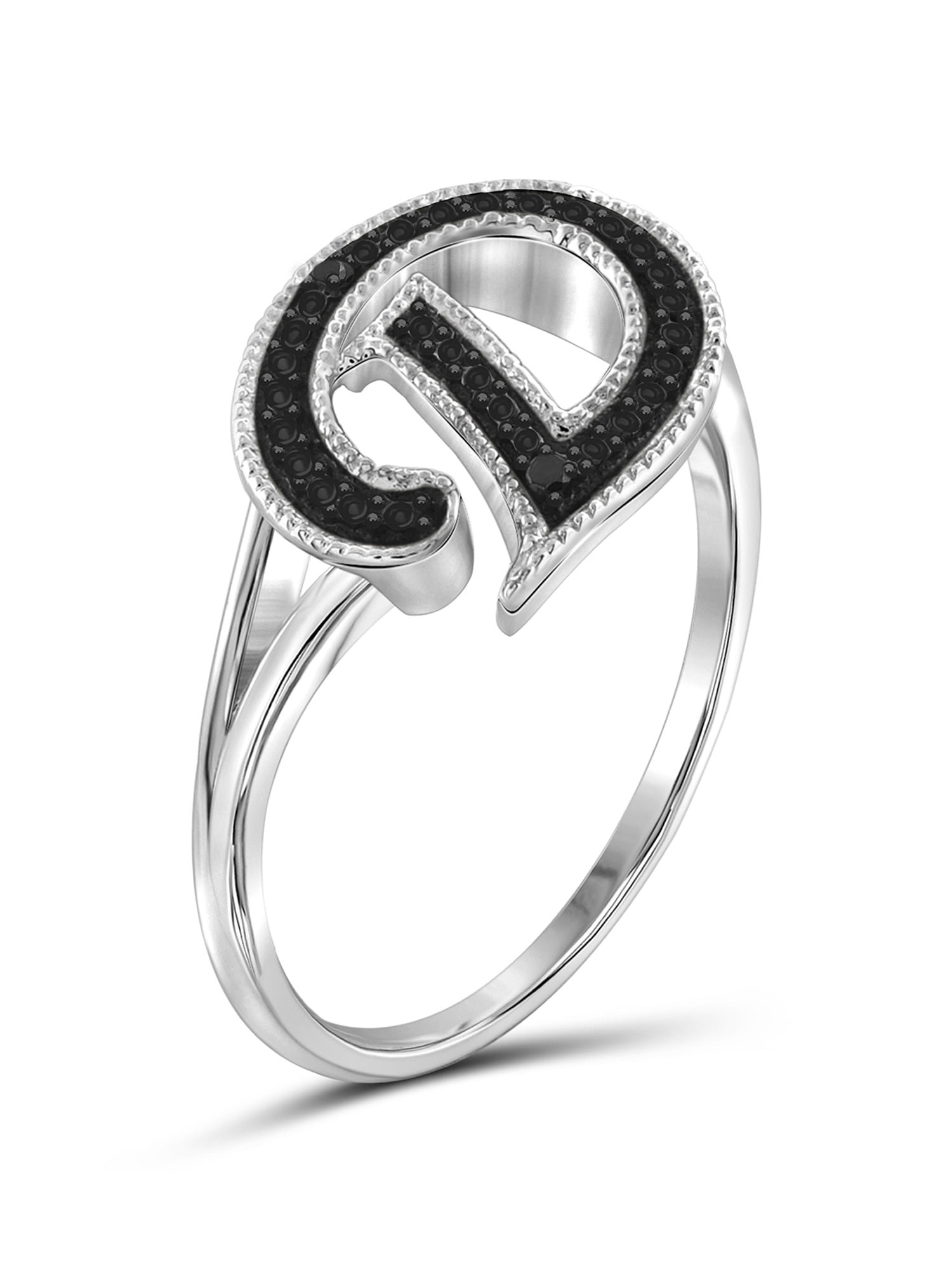 JewelersClub Accent Black Diamond Initial Letter Ring for Women | Customizable Sterling Silver D Alphabet Monogram Ring for Girls | Cursive Script Capital Letters | Personalized Jewelry Gift for Her