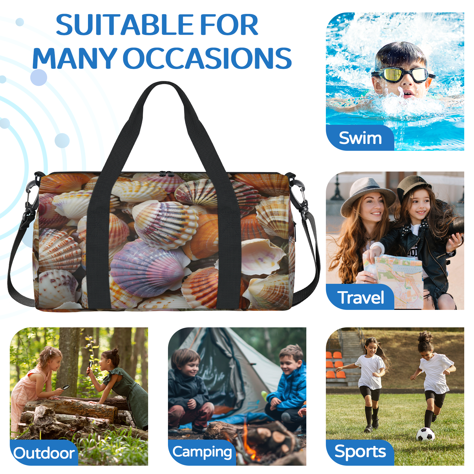 Herdesigns Seashells Beach Themed Gym Bag for Women, Duffle Bag for Travel Sport, Lightweight Waterproof Carry on Weekender Overnight Dance Yoga Workout Bags