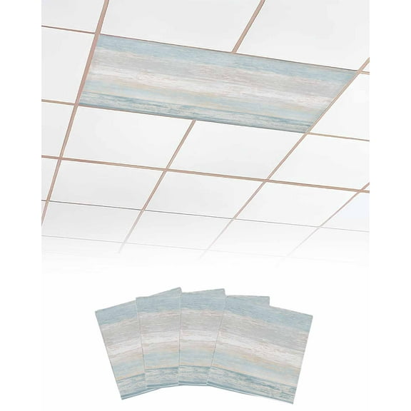 Fluorescent Light Covers for Ceiling Lights 4 Pack, Blue Beige Farmhouse Magnetic Ceiling Light Covers 2x4 Feet for Classroom Office School, Vintage Wooden Striped Overhead Drop Ceiling Light Shade
