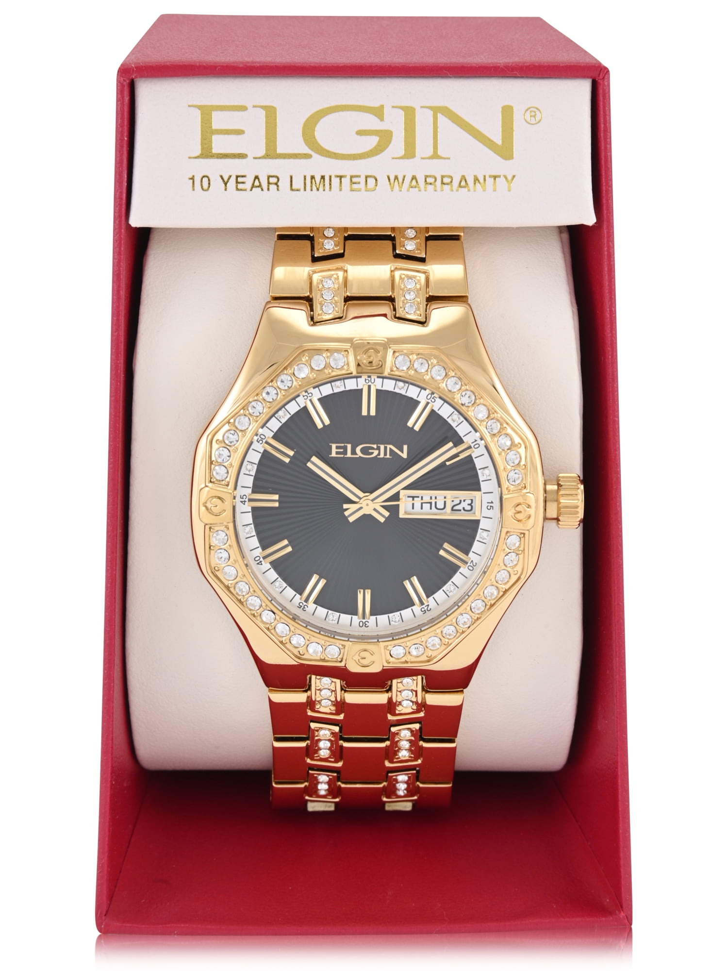 Elgin Adult Men's Gold and Crystal Round Case Watch with Date