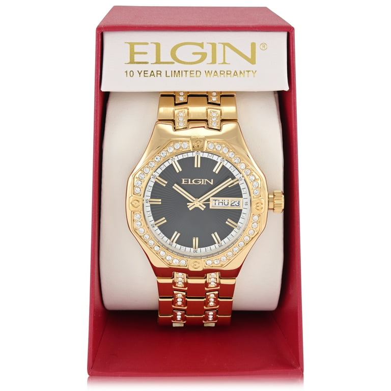 Elgin Adult Men's Gold and Crystal Round Case Watch with Date