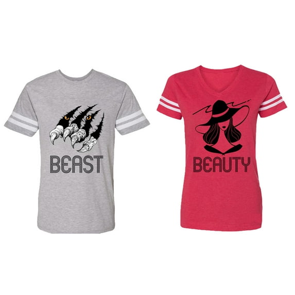Beast Beauty Matching Couple Cotton Jerseys (Men Heather / Women Red) (Men L / Women S)