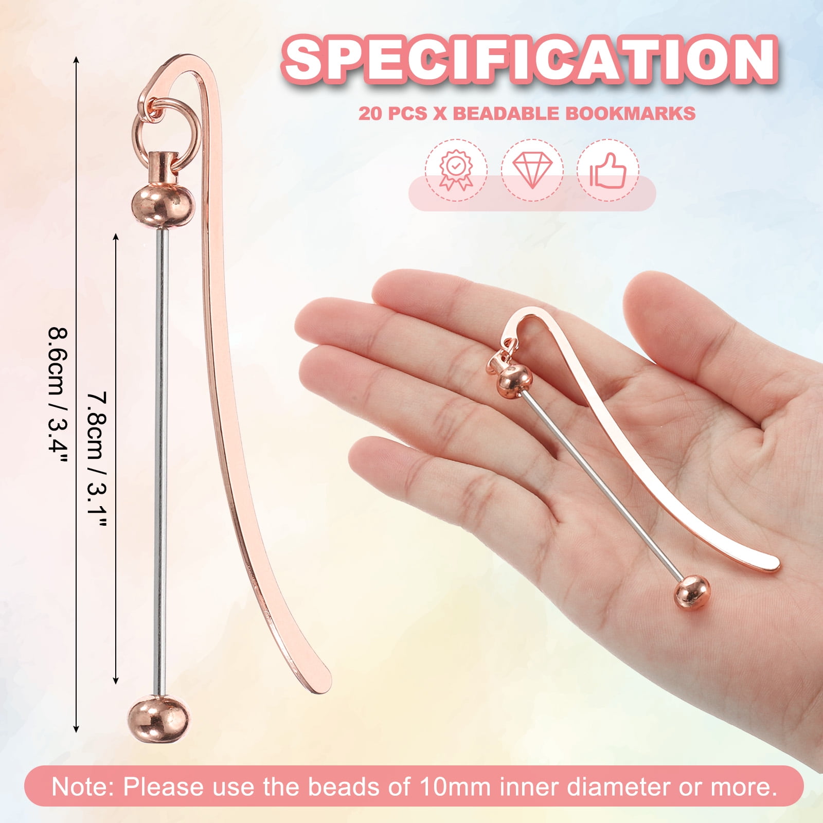 Uxcell Beadable Bookmarks, 20 Pcs Beaded Bookmark DIY Metal Blank Bar Bulk for Bookmark Craft, Rose Gold