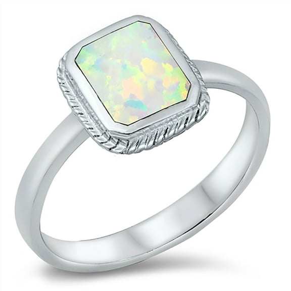Square White Simulated Opal Rope Solitaire Ring Sterling Silver Size 7