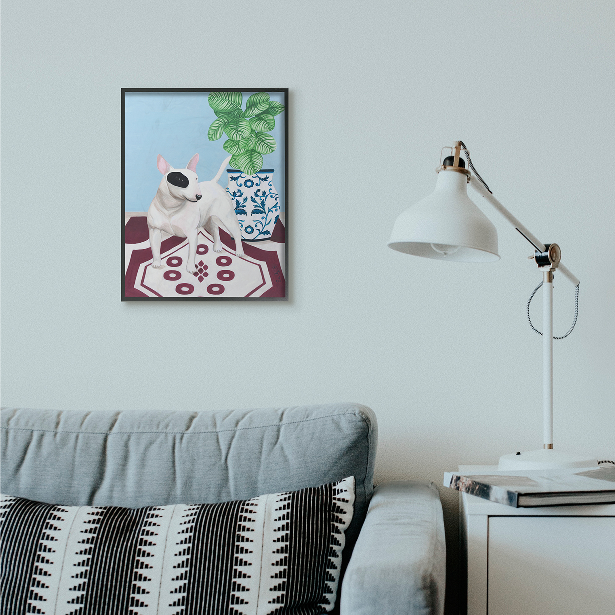 Stupell Industries Dog And Vase Animal Pet Painting Framed Wall Art by Sally B, 16" x 20", Black Framed