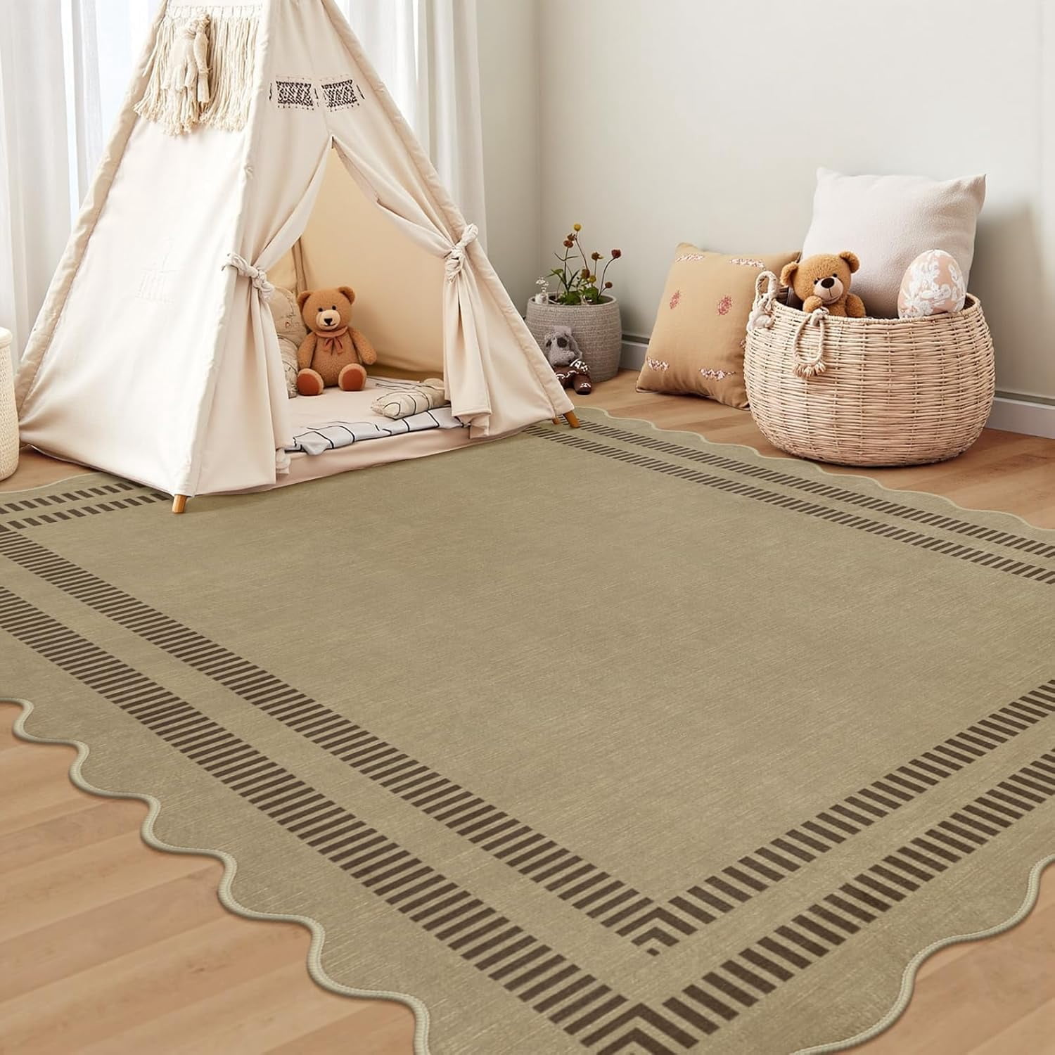 Washable Rug 5x7 Area Rugs for Living Room, Solid Brown Rug Non Slip Scalloped Throw Mat with Rubber Back, Soft Low Pile Carpet for Dining Room Bedroom Dorm Nursery