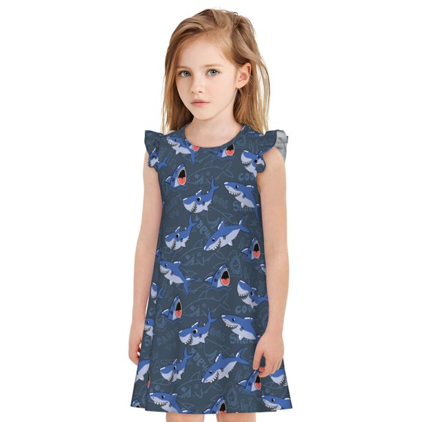 Balery Cartoon Shark Camisón de princesa para niñas, pijama de algodón con mangas abullonadas, suave y bonito.-Medium