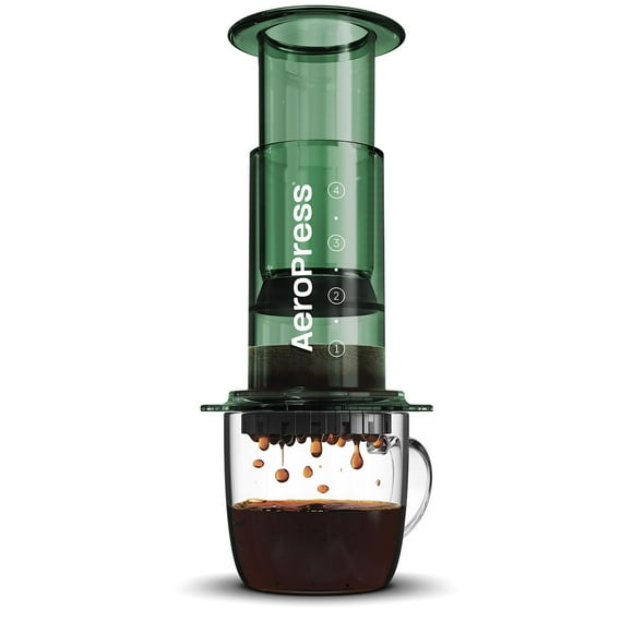 AeroPress Clear Green Coffee Press – Método de preparación 3 en 1 que combina prensa francesa, estilo espresso, café con cuerpo sin arena ni amargura, pequeña cafetera portátil para acampar y viajar,