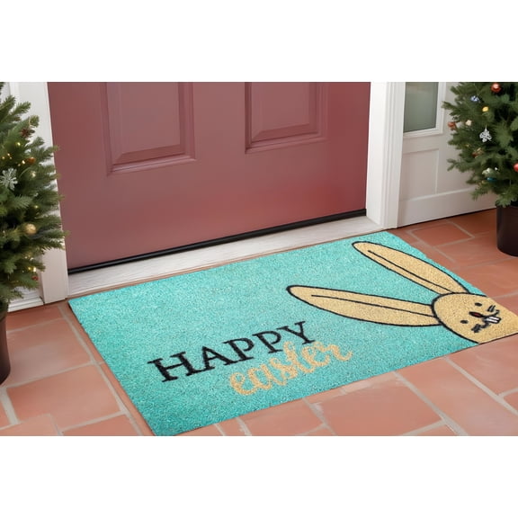 HomeRoots 555243 17 x 29 in. Aqua & Natural Coir Happy Easter Outdoor Easter Door Mat