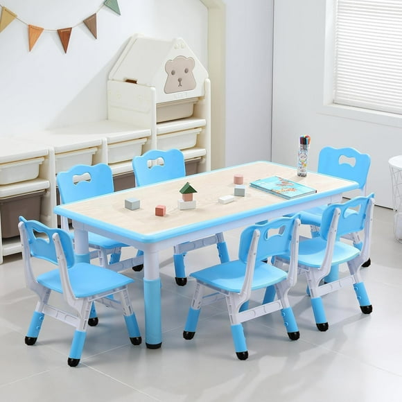 ChaoLink Juego de 7 Mesas y Sillas para Niños, Escritorio Ajustable en Altura con 6 Asientos, Mesa para Manualidades, Escritorio para Graffiti, Patas Antideslizantes, Mesa Multiactividad para Niñosazul