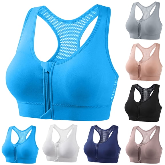 QIUOMBBP Woman High Impact Sports Bras High Support Breathable Sports Bra Workout Bras Front Zipper Racerback Yoga Bra Sky Blue XL