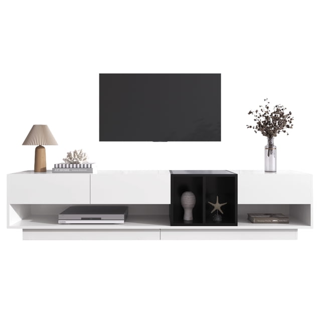 Noble House Meuble TV & Bas, Blanc Brillant & Noir à Blocs de Couleur, Rangement Multiple avec Tiroirs & Compartiments