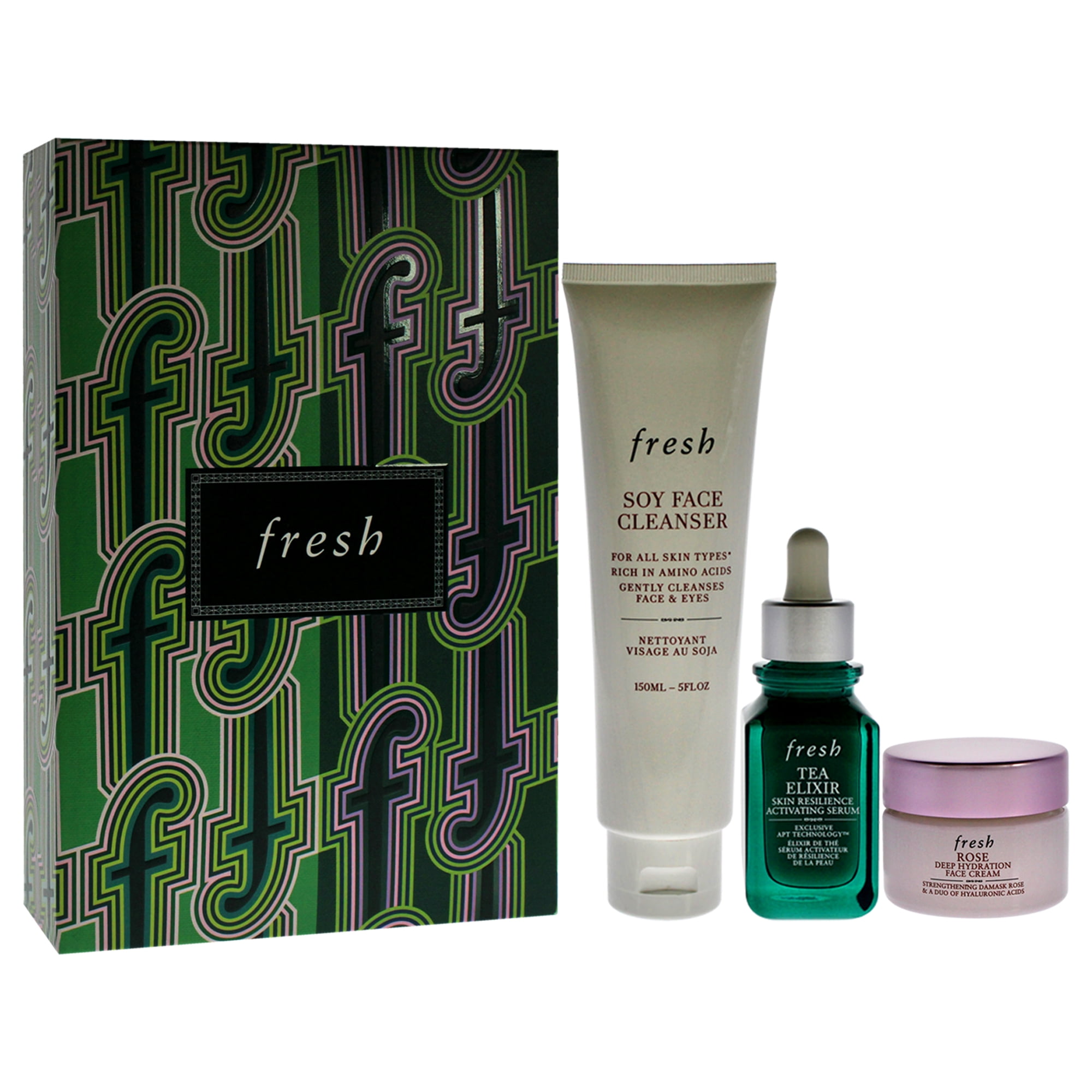 Fresh Hydration Boost Skincare Kit , 3 Pc 5oz Soy Ph Balanced Hydrating Face Wash, 1oz Tea Elixir Skin Resilience Activating Serum, 0.5oz Rose And Hyaluronic Acid Deep Hydration Moisturizer
