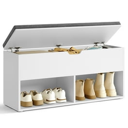 UBesGoo Entryway Bench Shoe Rack Storage Organizer with Removale Cushion and 3 Rattan Baskets for Living Room Bedroom White