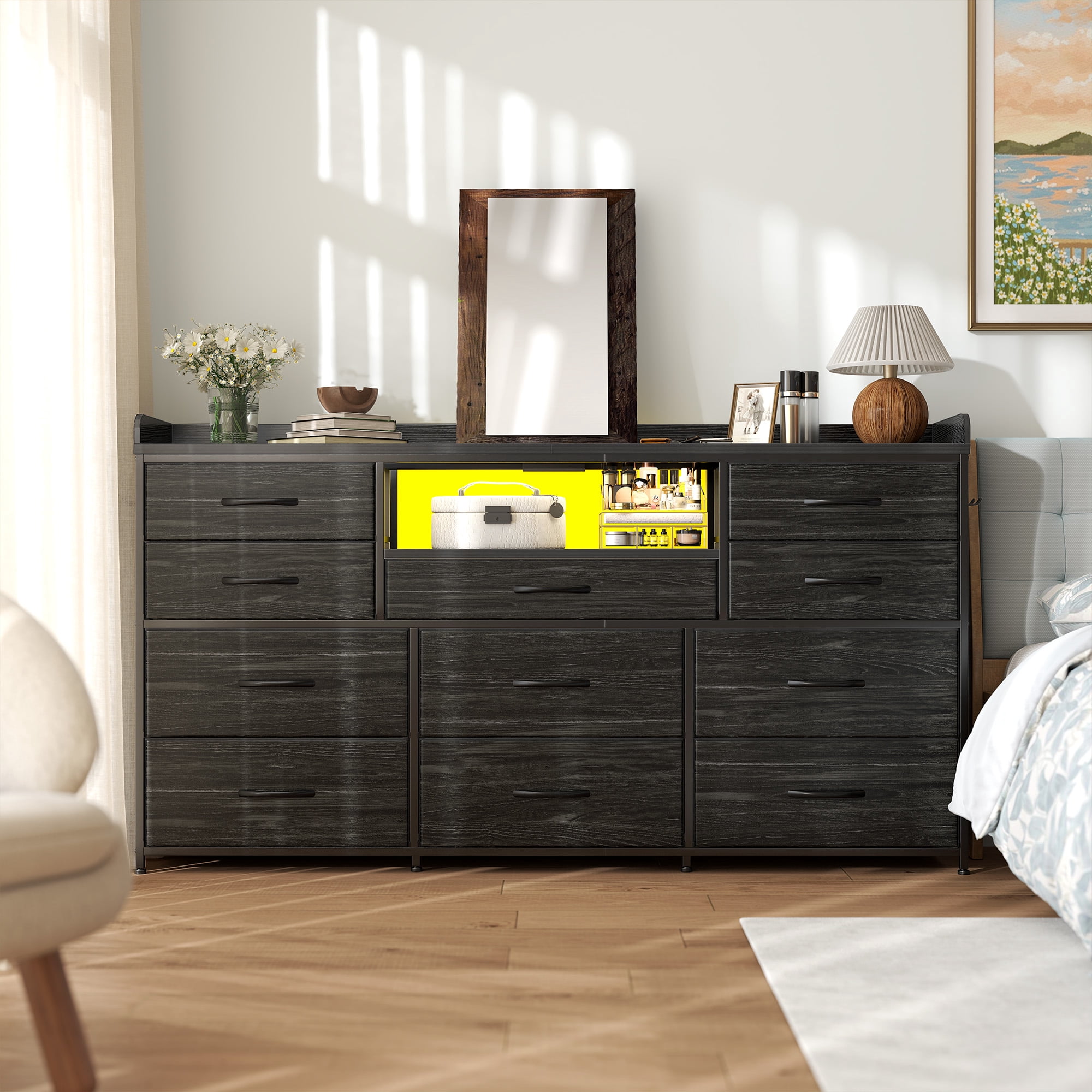 Black Dresser for Bedroom with 11 Drawers for 60" TV Stand with LED Lights & Charging Station Wide Dresser with Shelves & 4 Hooks Sturdy Metal Frame & Fabric Drawers & Wood Top
