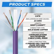 Cables Direct Online 500FT Cat6 Solid Bare Copper 23AWG Bulk Ethernet Cable, CMR ETL Riser, 550MHz POE (Power Over Ethernet) Wire – Purple