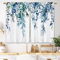 Eucalyptus Navy Blue Leaves Kitchen Curtains Botanical Floral Plant Small Short Cafe Window Curtains Flower Rod Pocket Bathroom Window Drapes Treatment Tier Curtains 2 Panels (26x36 Inch)