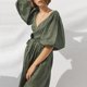 thumbnail image 2 of Korean Fashion Cotton Linen Summer Women Dress Yellow Casual Puff Sleeve V-Neck Bandage Holiday Beach Party Dress Vestido zhangmengya LED, 2 of 2
