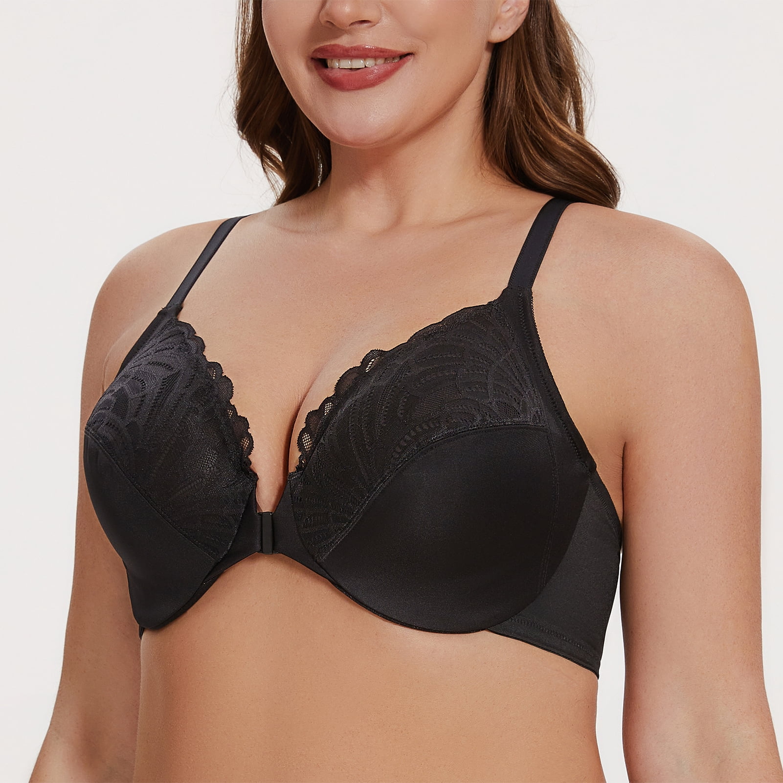 MELENECA Women's Racerback Front Closure Lace Unlined Plus Size Full Coverage Underwire Bra Black 44B