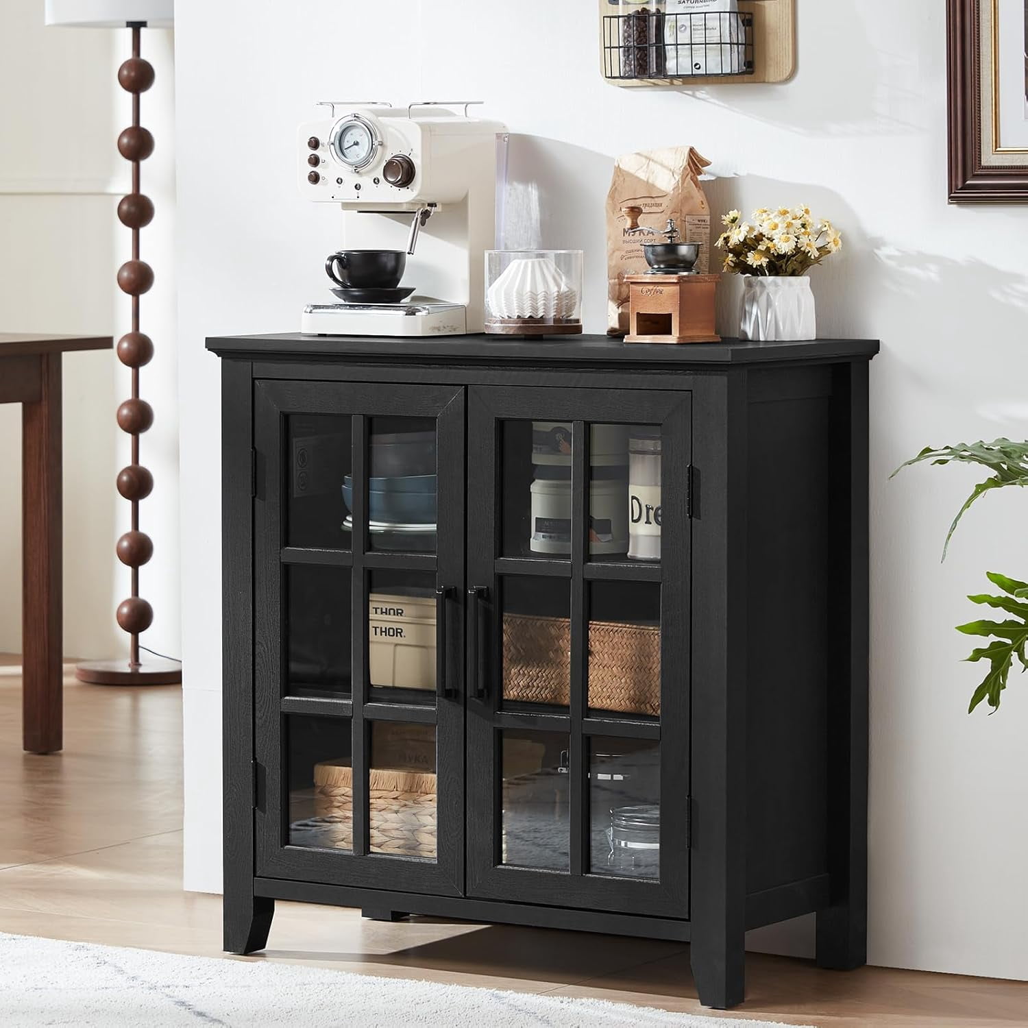 Large Sideboard Buffet Cabinet with Storage, 32" Black Farmhouse Kitchen Coffee Wine Bar Cabinet with 2 Glass Doors, Wood Mid Century Modern Side Board Table for Dining Room, Living Room