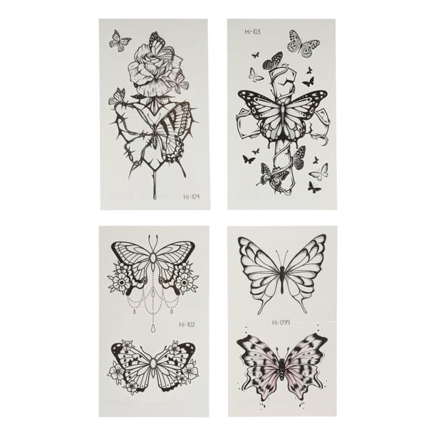 Tatuajes falsos realistas de 4 piezas con patrón de mariposa, tatuaje temporal para adultos en azul fluorescente