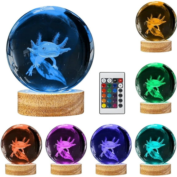 Axolotl Crystal Night Light, 16 Color Changing Lamp with Remote, Tree Design in 3D Laser Engraving, USB Powered with Solid Wood Base, Ideal for Decor and Gifts