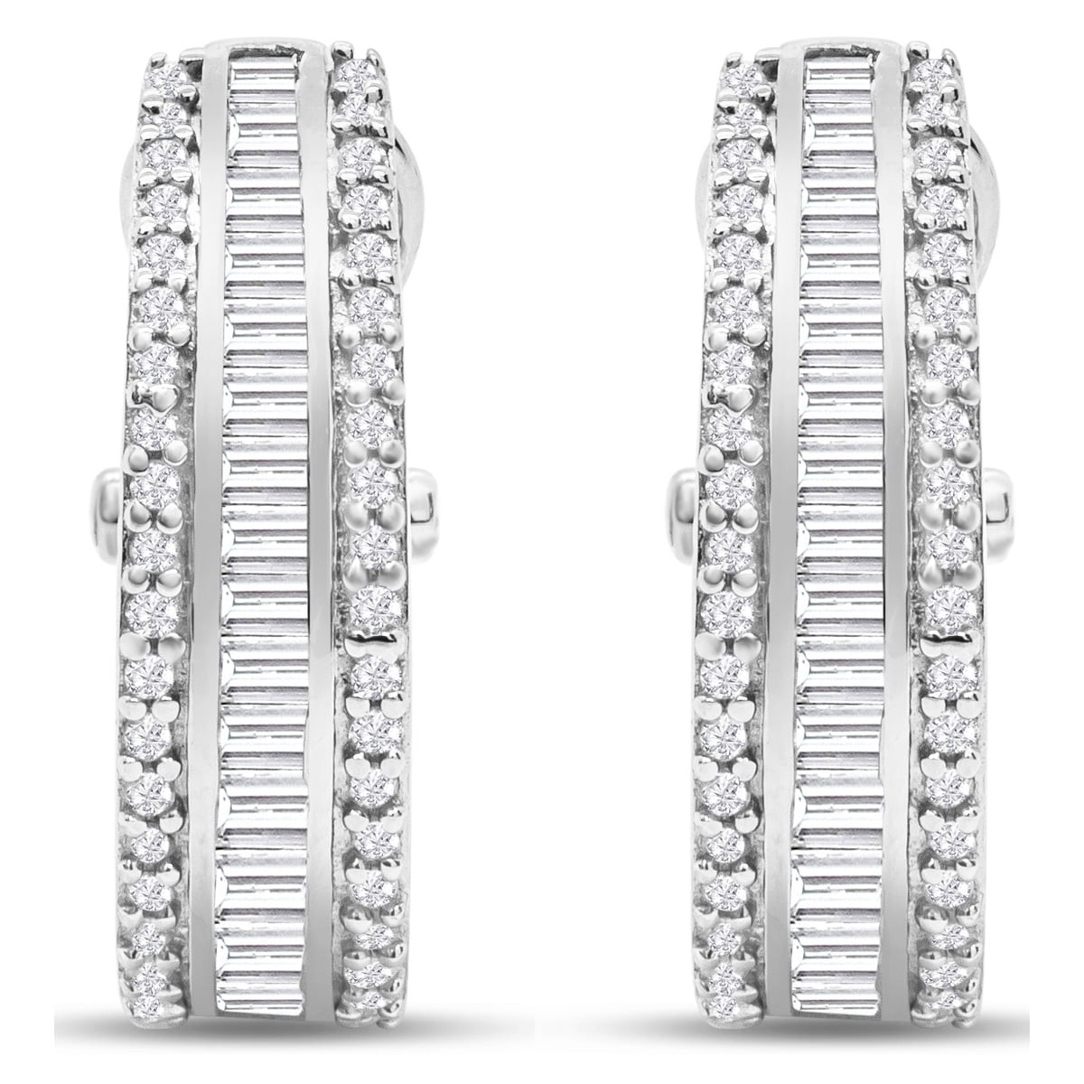 SuperJeweler 1 Carat Baguette and Round Colorless Diamond Hoop Earrings In Sterling Silver For Women