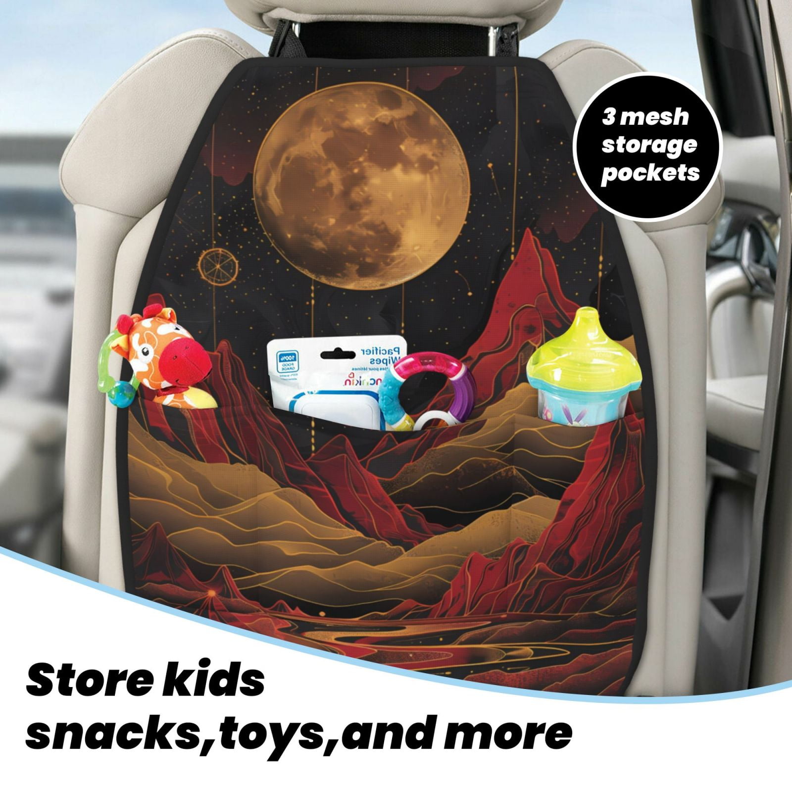Kdxio Lunar Mountains Golden Rivers Print 2 Pack Car Kick Mat Seat Cover Back Protector Mat with Pockets for Organizer Backseat Protector and Storage Anti Kick Pad for Vehicles