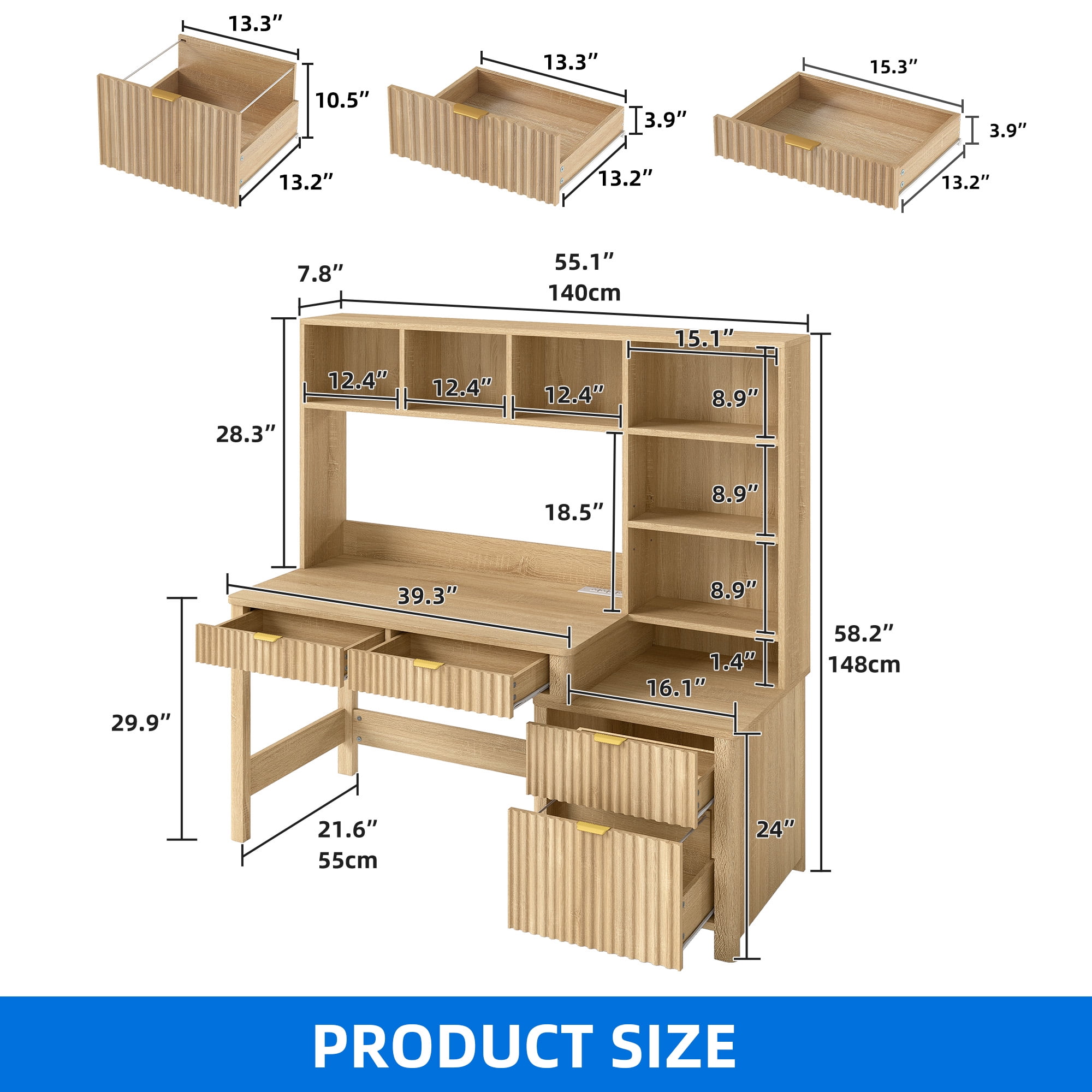 Dextrus 55" Computer Desk with LED Light & Hutch, Home Office Desk Executive Desk with Drawers, Oak