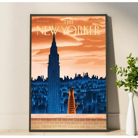 Elegant New Yorker Poster Featuring Cat And Skyline Poster A Must Have Charming 2009 New Yorker Magazine Cover Print Poster, Unframed Poster Size 8x12 F03.1.21l519