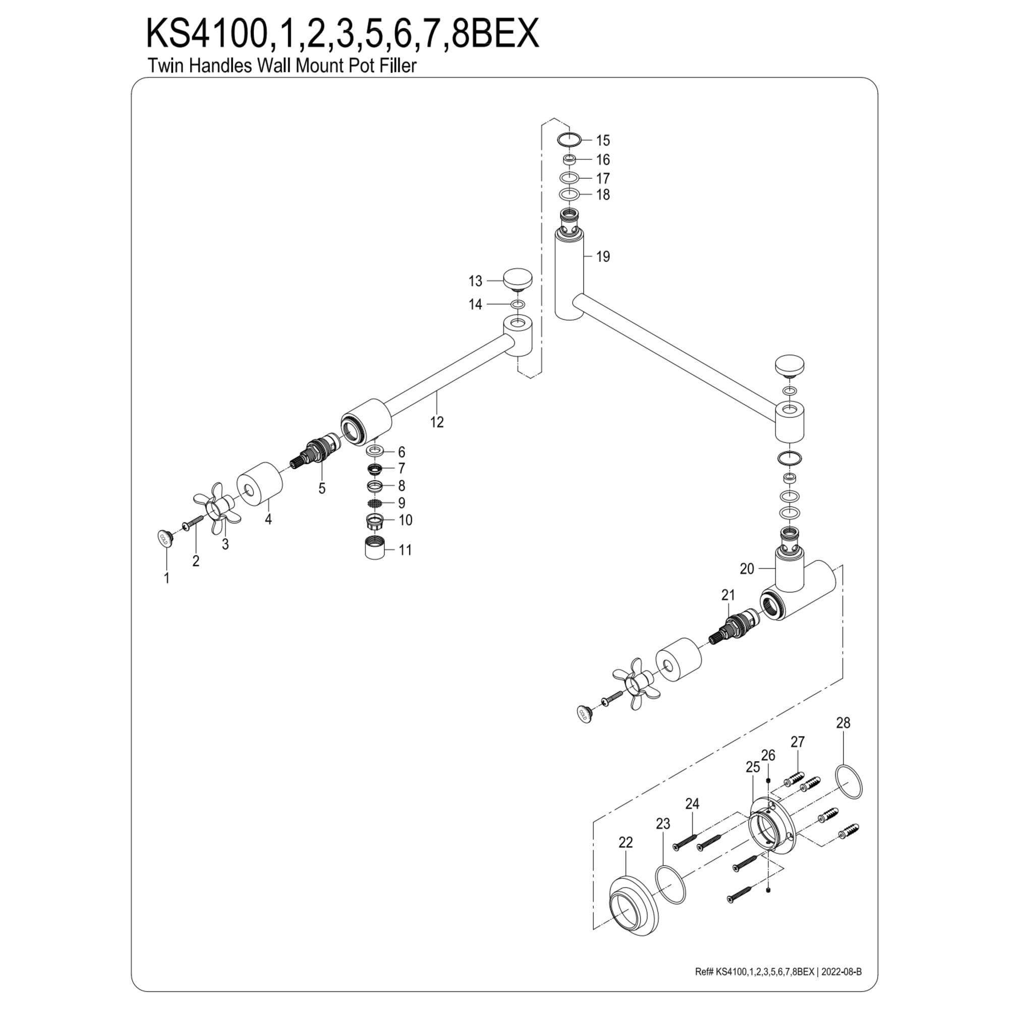 Kingston Brass KS4106BEX Essex Two-Handle 1-Hole Wall Mount Pot Filler Faucet in Polished Nickel