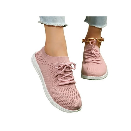 

UKAP Women Sock Sneakers Mesh Casual Shoes Lace Up Walking Shoe Comfort Flats Womens Knit Upper Lightweight Pink 8.5