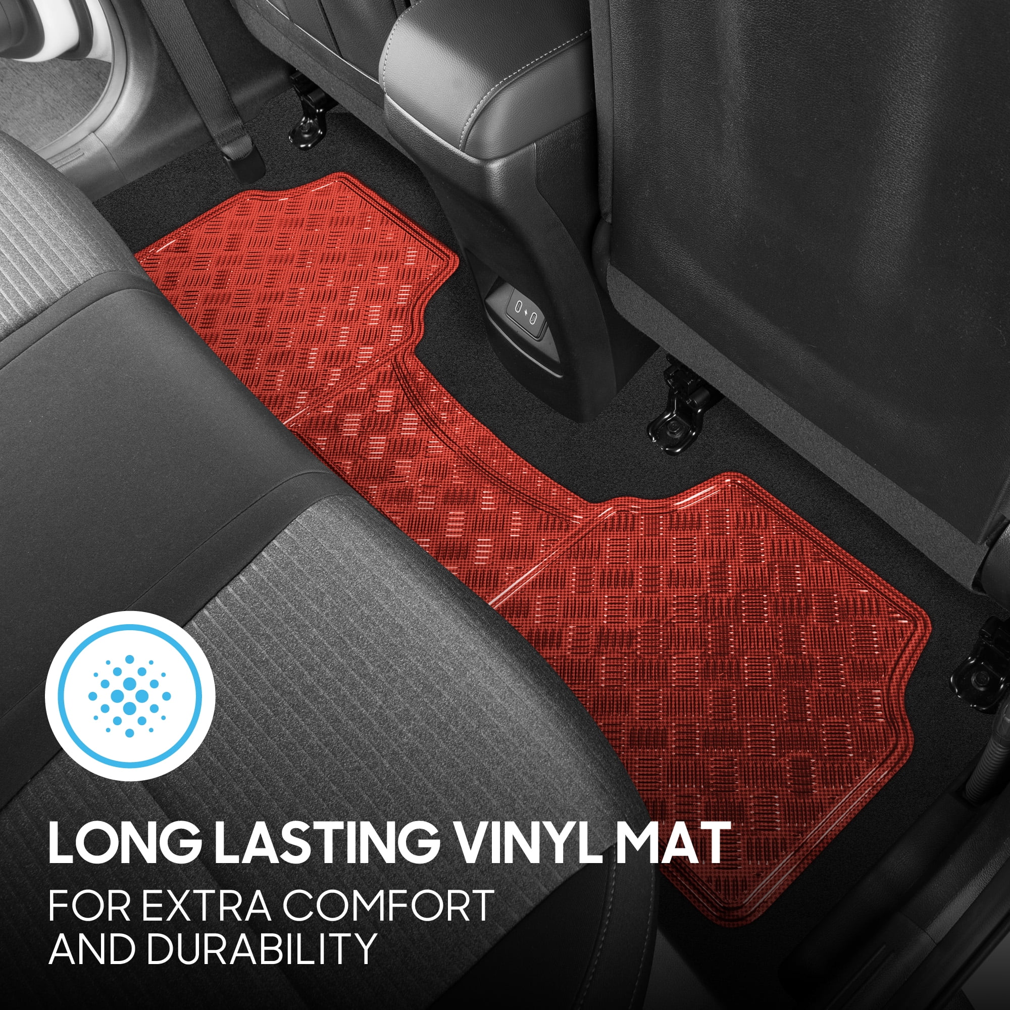 BDK 3-Piece All-Weather Universal Fit Front & Rear Floor Mats for Cars Trucks SUVs Vans, All-Weather Easy-to-Clean Diamond Metal Pattern Durable Heavy Duty Non-Slip Protection - Metallic Red