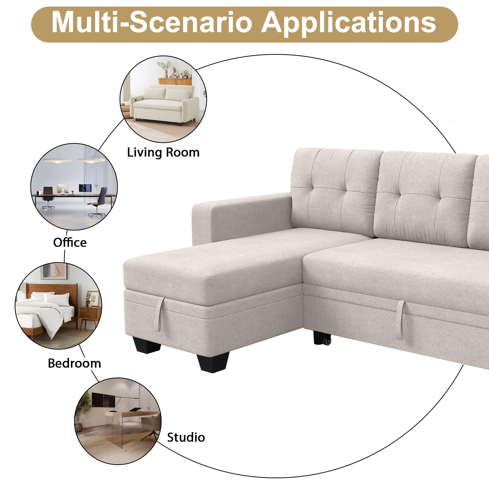 DEALTOPS Linen Reversible Sleeper Sectional Sofa Bed with Storage Chaise,Beige